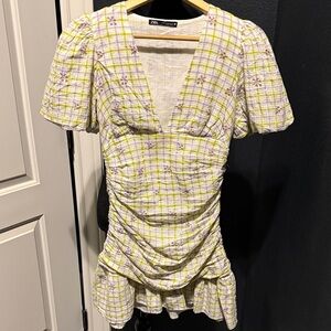 Zara Yellow and Purple Checkered V-Neck Dress